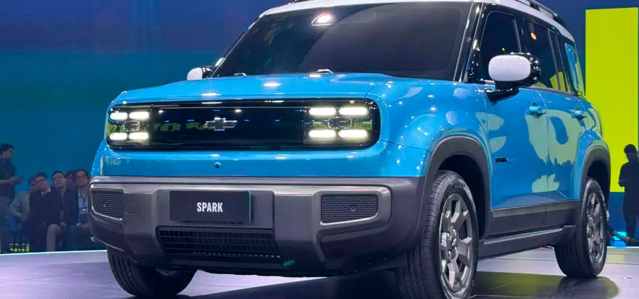 a blue car on display